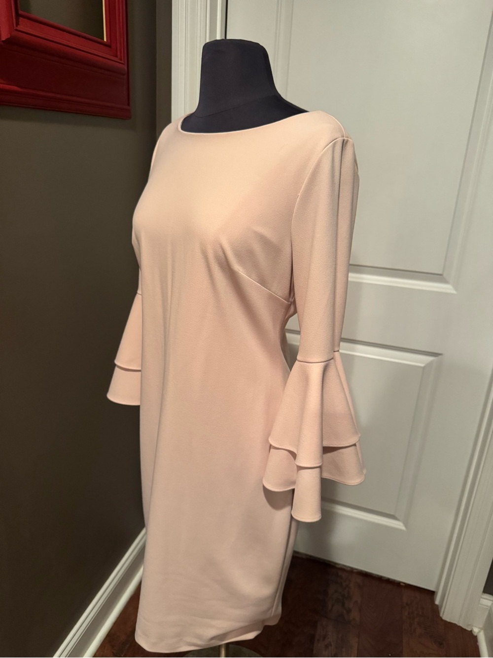 Calvin Klein Blush Pink Midi Dress with Tiered Bell Sleeves